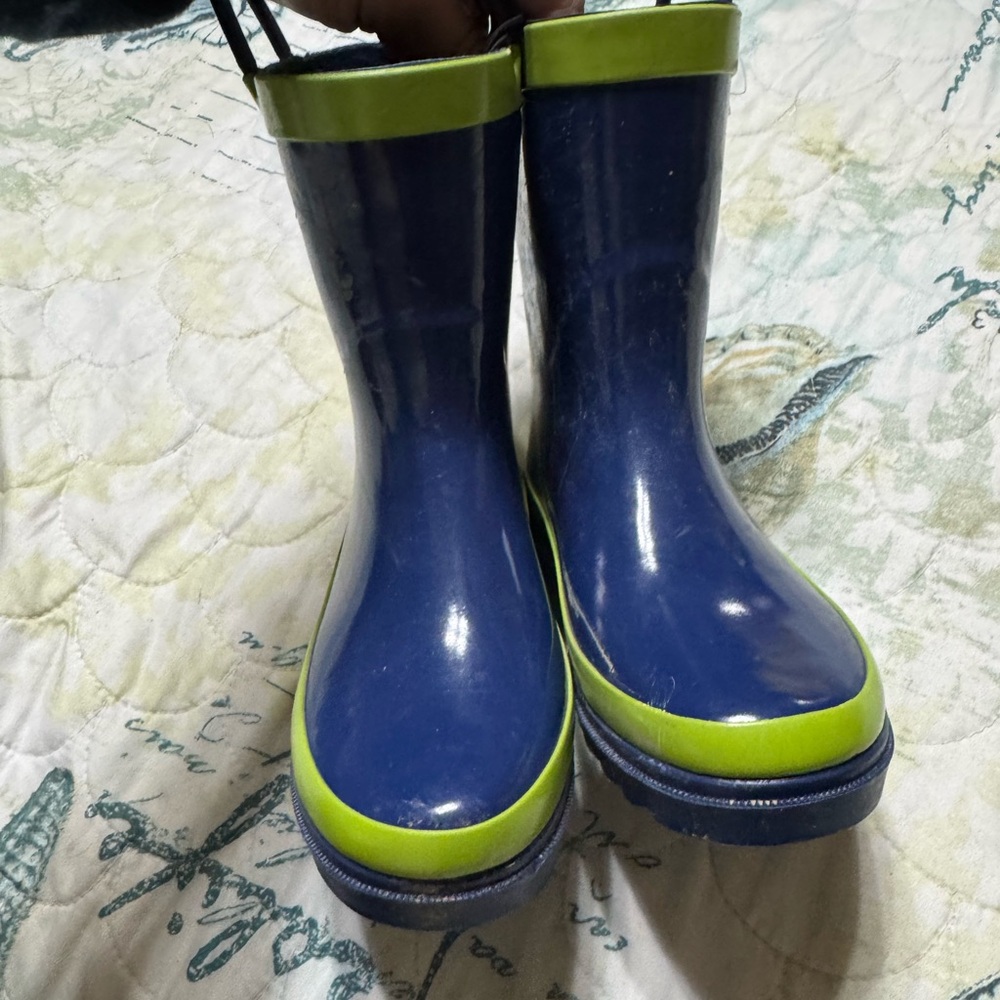 Kids Rain Boots - blue and lime green with tags/elastic